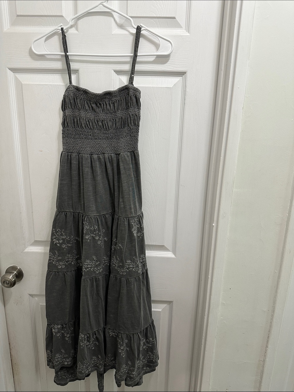 Lucky Brand Beach Embroidered Gray Smocked Tiered Maxi Dress